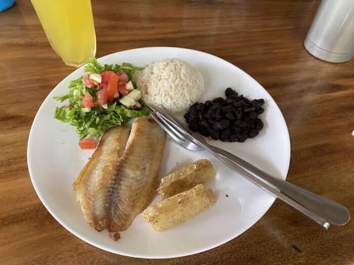 plate of food with fish rice and beans