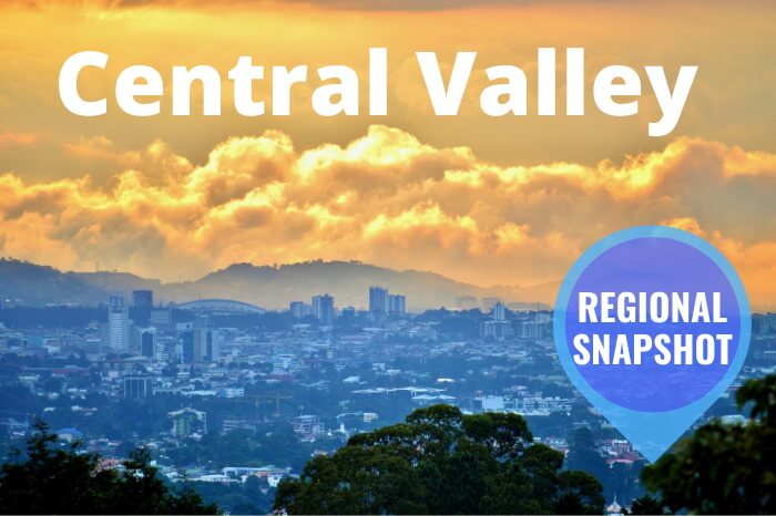 the city of San Jose Costa Rica at sunset with an orange sky and text overlay that reads Central Valley Regional Snapshot
