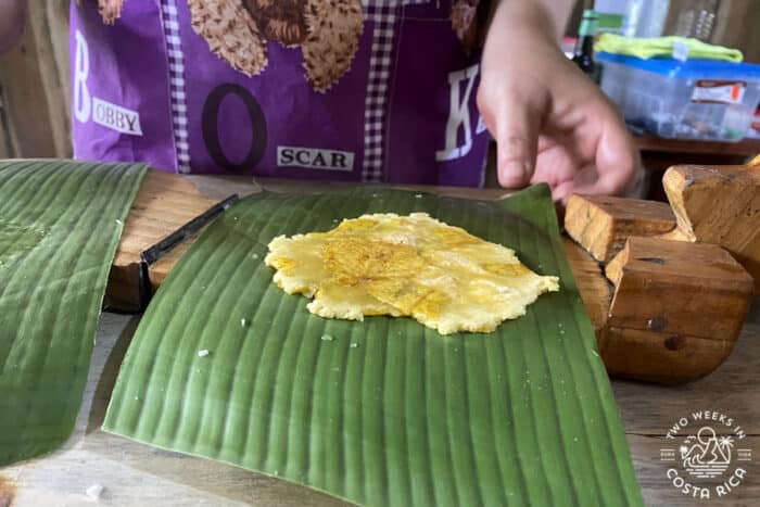 flattened plantain on a banana leaf