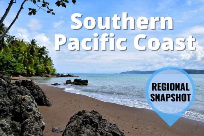 Drake Bay, Costa Rica beach with text overlay that reads Southern Pacific Coast