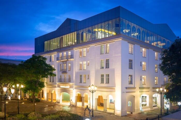 The outside of the Gran Hotel in San Jose Costa Rica lit up at night